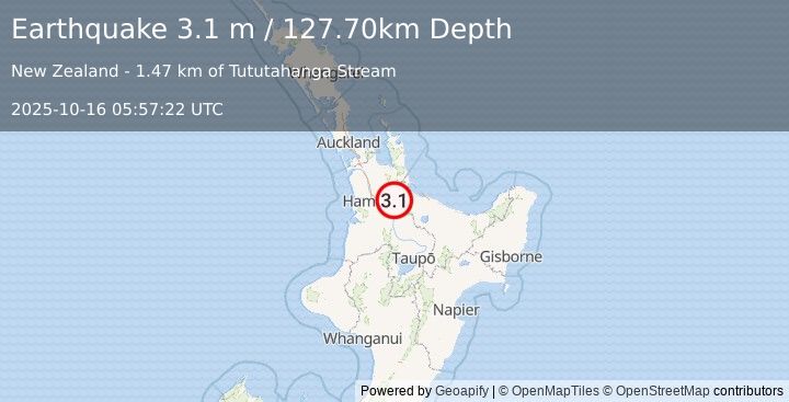 Earthquake NORTH ISLAND OF NEW ZEALAND (3.1 m) (2025-10-16 05:57:22 UTC)