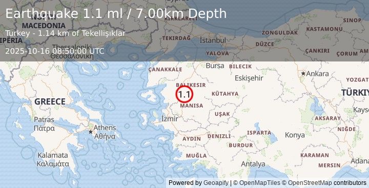 Earthquake WESTERN TURKEY (1.1 ml) (2025-10-16 08:50:00 UTC)