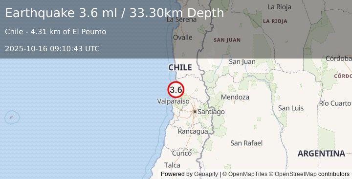 Earthquake OFFSHORE VALPARAISO, CHILE (3.6 ml) (2025-10-16 09:10:43 UTC)