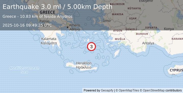 Earthquake DODECANESE ISLANDS, GREECE (3.1 ml) (2025-10-16 09:49:24 UTC)