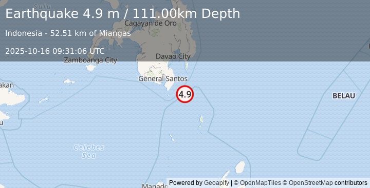 Earthquake MINDANAO, PHILIPPINES (4.7 mb) (2025-10-16 09:31:04 UTC)