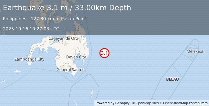 Earthquake PHILIPPINE ISLANDS REGION (3.1 m) (2025-10-16 10:27:03 UTC)