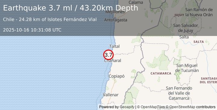 Earthquake OFFSHORE ANTOFAGASTA, CHILE (3.7 ml) (2025-10-16 10:31:08 UTC)