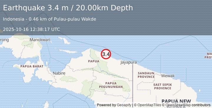 Earthquake NEAR N COAST OF PAPUA, INDONESIA (3.4 m) (2025-10-16 12:38:17 UTC)