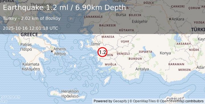 Earthquake WESTERN TURKEY (1.2 ml) (2025-10-16 12:01:18 UTC)