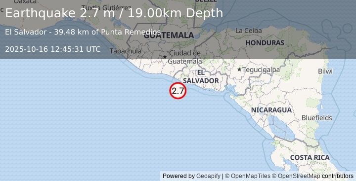 Earthquake OFFSHORE EL SALVADOR (2.7 m) (2025-10-16 12:45:31 UTC)