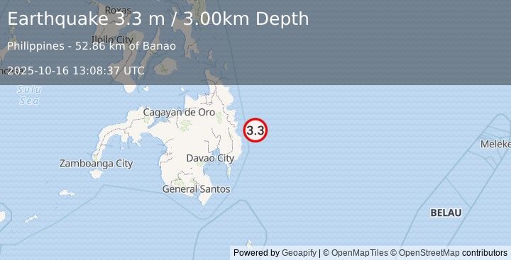 Earthquake PHILIPPINE ISLANDS REGION (3.3 m) (2025-10-16 13:08:37 UTC)