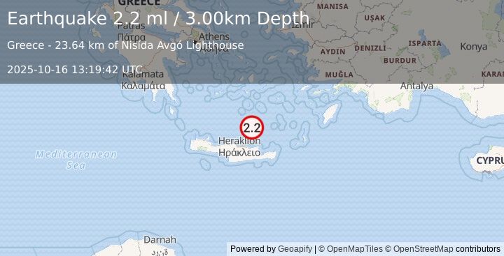 Earthquake CRETE, GREECE (2.2 ml) (2025-10-16 13:19:42 UTC)