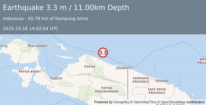 Earthquake NEAR N COAST OF PAPUA, INDONESIA (3.3 m) (2025-10-16 14:02:04 UTC)