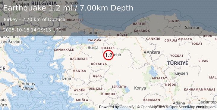 Earthquake WESTERN TURKEY (1.2 ml) (2025-10-16 14:29:13 UTC)