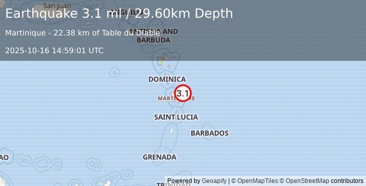 Earthquake MARTINIQUE REGION, WINDWARD ISL. (3.1 ml) (2025-10-16 14:59:01 UTC)