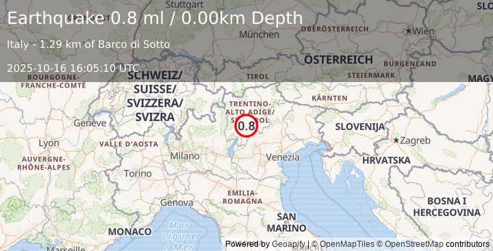 Earthquake NORTHERN ITALY (0.8 ml) (2025-10-16 16:05:10 UTC)