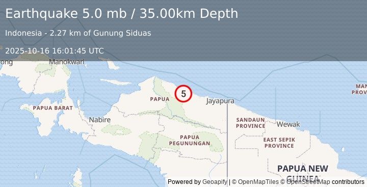 Earthquake NEAR N COAST OF PAPUA, INDONESIA (5.0 mb) (2025-10-16 16:01:45 UTC)