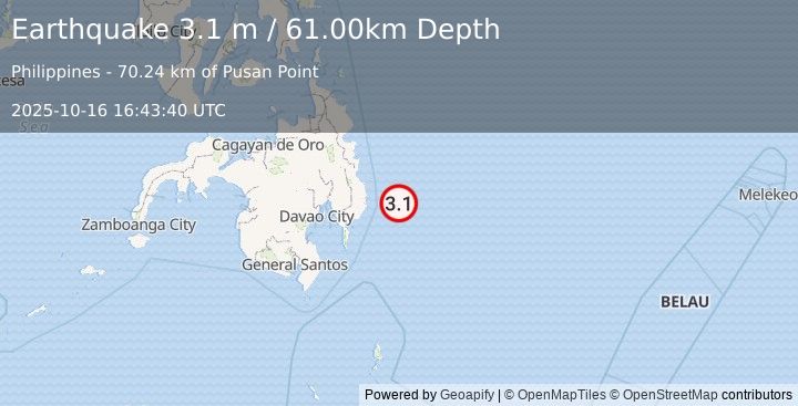 Earthquake PHILIPPINE ISLANDS REGION (3.1 m) (2025-10-16 16:43:40 UTC)