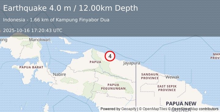 Earthquake NEAR N COAST OF PAPUA, INDONESIA (4.0 m) (2025-10-16 17:20:43 UTC)