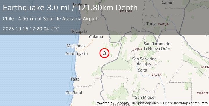 Earthquake ANTOFAGASTA, CHILE (3.0 ml) (2025-10-16 17:20:04 UTC)