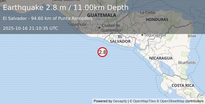 Earthquake OFFSHORE EL SALVADOR (2.8 m) (2025-10-16 21:10:35 UTC)