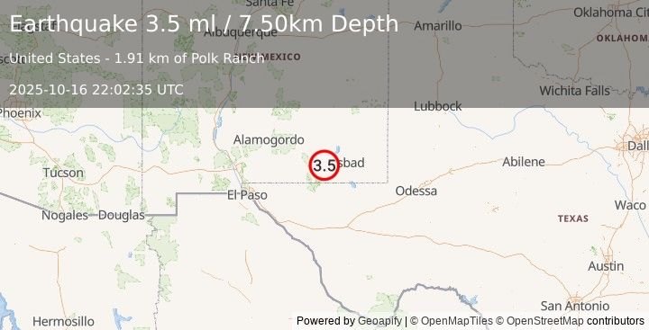 Earthquake NEW MEXICO (3.5 ml) (2025-10-16 22:02:35 UTC)
