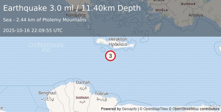 Earthquake CRETE, GREECE (3.0 ml) (2025-10-16 22:09:55 UTC)