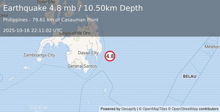 Earthquake PHILIPPINE ISLANDS REGION (4.8 mb) (2025-10-16 22:11:02 UTC)