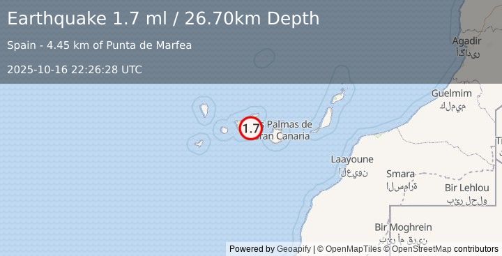 Earthquake CANARY ISLANDS, SPAIN REGION (1.7 ml) (2025-10-16 22:26:28 UTC)