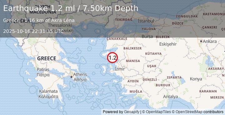 Earthquake NEAR THE COAST OF WESTERN TURKEY (1.2 ml) (2025-10-16 22:31:35 UTC)