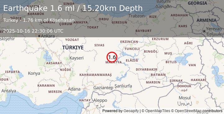 Earthquake CENTRAL TURKEY (1.6 ml) (2025-10-16 22:30:06 UTC)