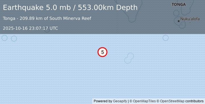 Earthquake SOUTH OF FIJI ISLANDS (5.0 mb) (2025-10-16 23:07:17 UTC)
