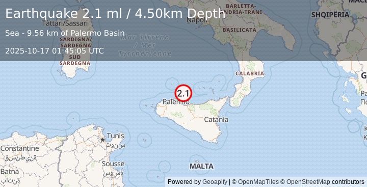 Earthquake SICILY, ITALY (2.1 ml) (2025-10-17 01:45:05 UTC)