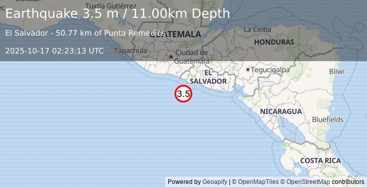Earthquake OFFSHORE EL SALVADOR (3.5 m) (2025-10-17 02:23:15 UTC)