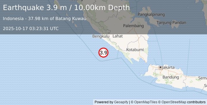 Earthquake SOUTHERN SUMATRA, INDONESIA (3.9 m) (2025-10-17 03:23:31 UTC)