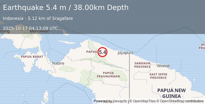 Earthquake NEAR N COAST OF PAPUA, INDONESIA (5.3 mb) (2025-10-17 04:13:06 UTC)