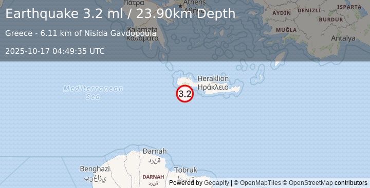 Earthquake CRETE, GREECE (3.3 ml) (2025-10-17 04:49:33 UTC)
