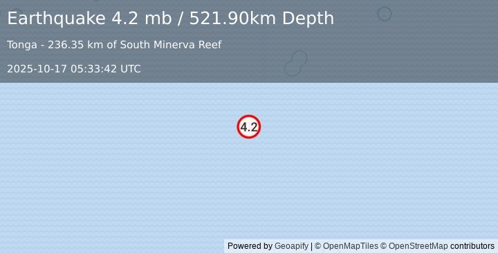 Earthquake SOUTH OF FIJI ISLANDS (4.2 mb) (2025-10-17 05:33:42 UTC)