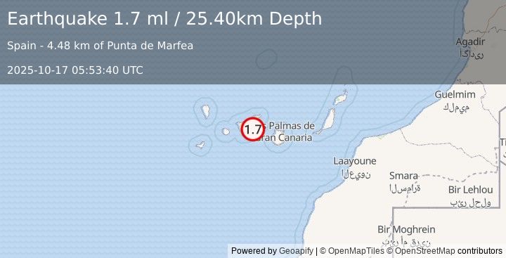 Earthquake CANARY ISLANDS, SPAIN REGION (1.7 ml) (2025-10-17 05:53:40 UTC)