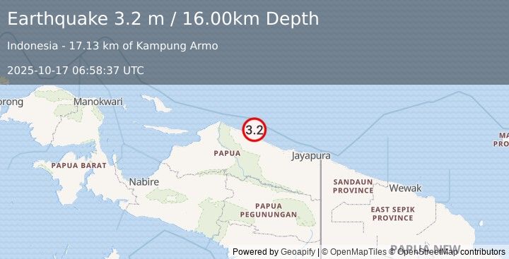 Earthquake NEAR N COAST OF PAPUA, INDONESIA (3.2 m) (2025-10-17 06:58:37 UTC)