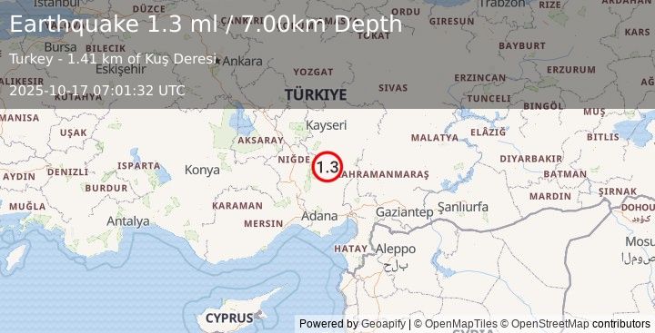 Earthquake CENTRAL TURKEY (1.3 ml) (2025-10-17 07:01:32 UTC)