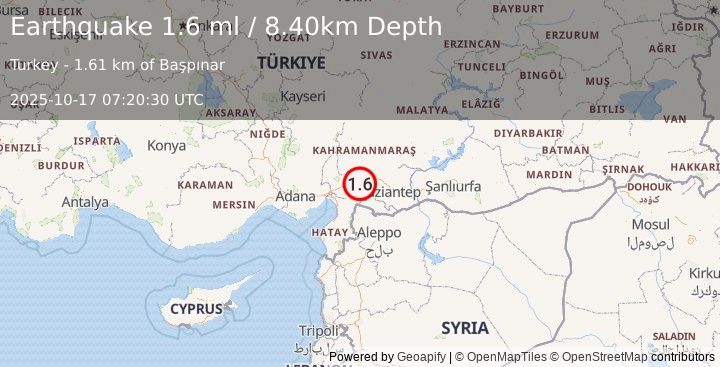Earthquake CENTRAL TURKEY (1.6 ml) (2025-10-17 07:20:30 UTC)