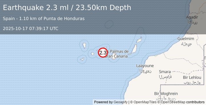 Earthquake CANARY ISLANDS, SPAIN REGION (2.3 ml) (2025-10-17 07:39:17 UTC)