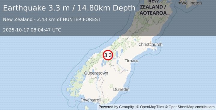 Earthquake SOUTH ISLAND OF NEW ZEALAND (3.3 m) (2025-10-17 08:04:47 UTC)