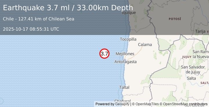 Earthquake ANTOFAGASTA, CHILE (2.3 ml) (2025-10-17 08:55:55 UTC)