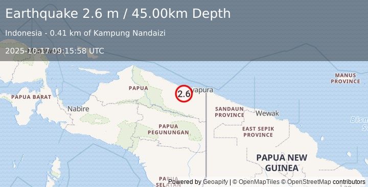 Earthquake NEAR N COAST OF PAPUA, INDONESIA (2.6 m) (2025-10-17 09:15:58 UTC)