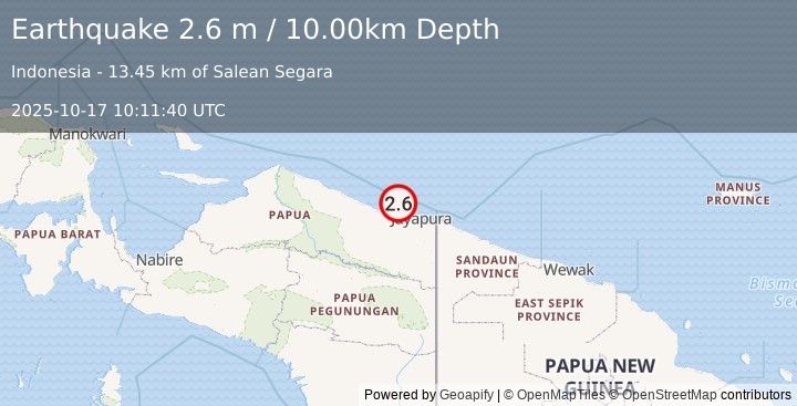 Earthquake NEAR N COAST OF PAPUA, INDONESIA (2.6 m) (2025-10-17 10:11:40 UTC)