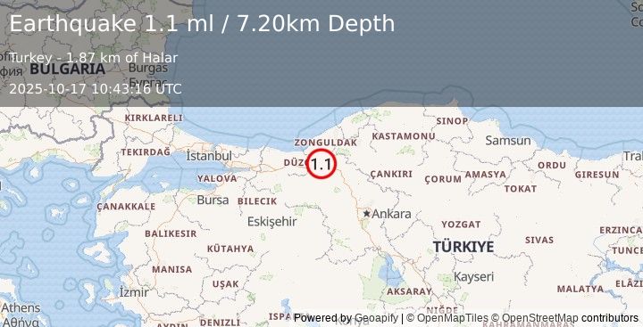 Earthquake WESTERN TURKEY (1.1 ml) (2025-10-17 10:43:16 UTC)