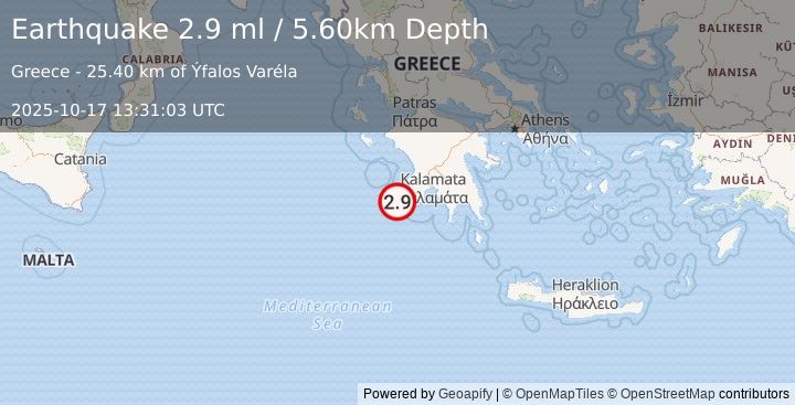 Earthquake SOUTHERN GREECE (2.9 ml) (2025-10-17 13:31:03 UTC)