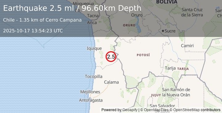 Earthquake TARAPACA, CHILE (2.5 ml) (2025-10-17 13:54:23 UTC)