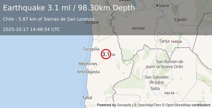 Earthquake ANTOFAGASTA, CHILE (3.1 ml) (2025-10-17 14:48:54 UTC)