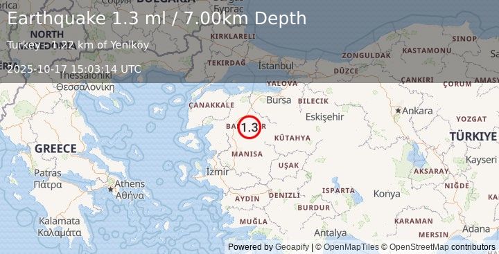 Earthquake WESTERN TURKEY (1.3 ml) (2025-10-17 15:03:14 UTC)