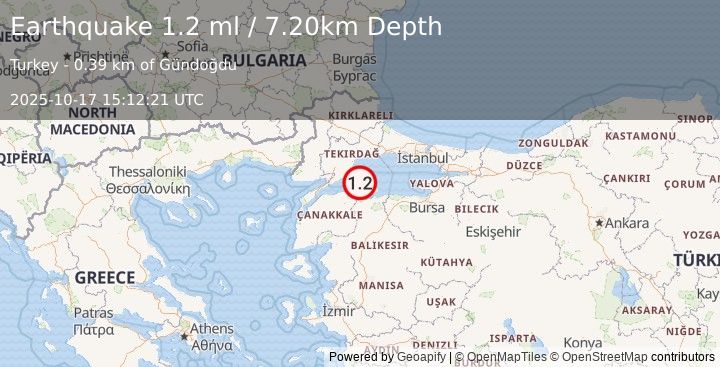 Earthquake WESTERN TURKEY (1.2 ml) (2025-10-17 15:12:21 UTC)