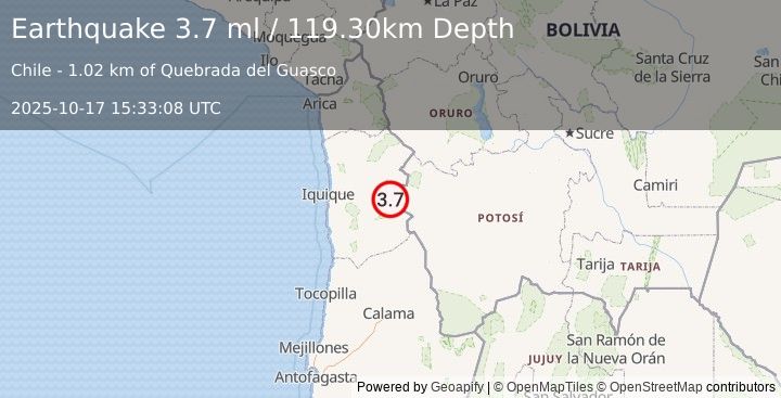 Earthquake TARAPACA, CHILE (3.7 ml) (2025-10-17 15:33:08 UTC)